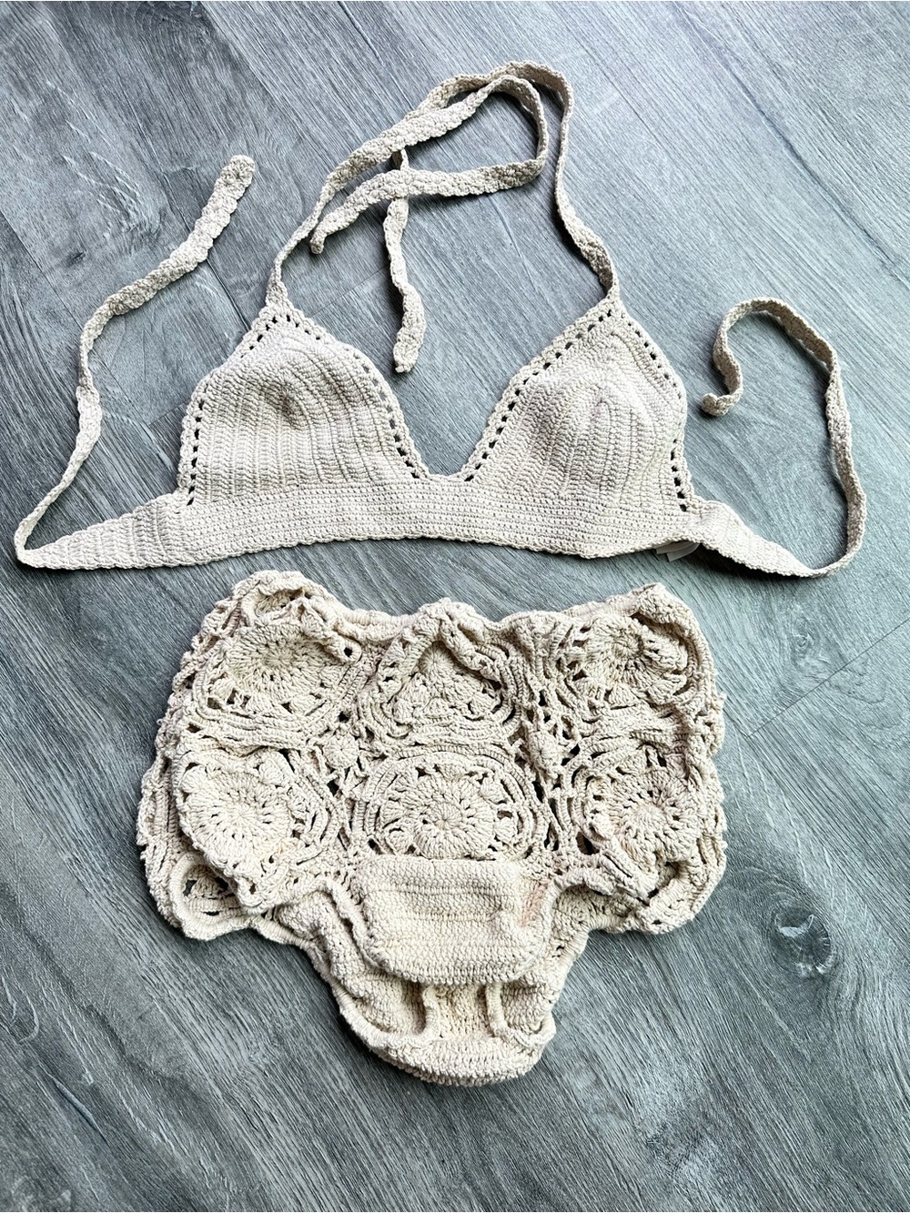 Handmade Crochet Bikini Set in Cream — Boho High-Waist Two-Piece